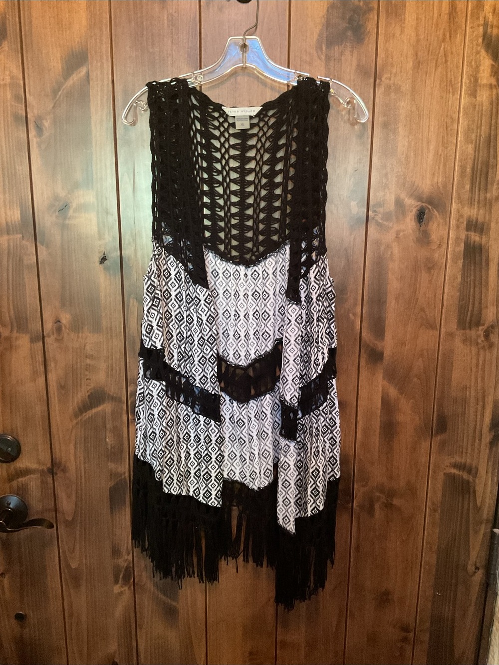 Peter Nygard Black Open Crochet Fringe Vest